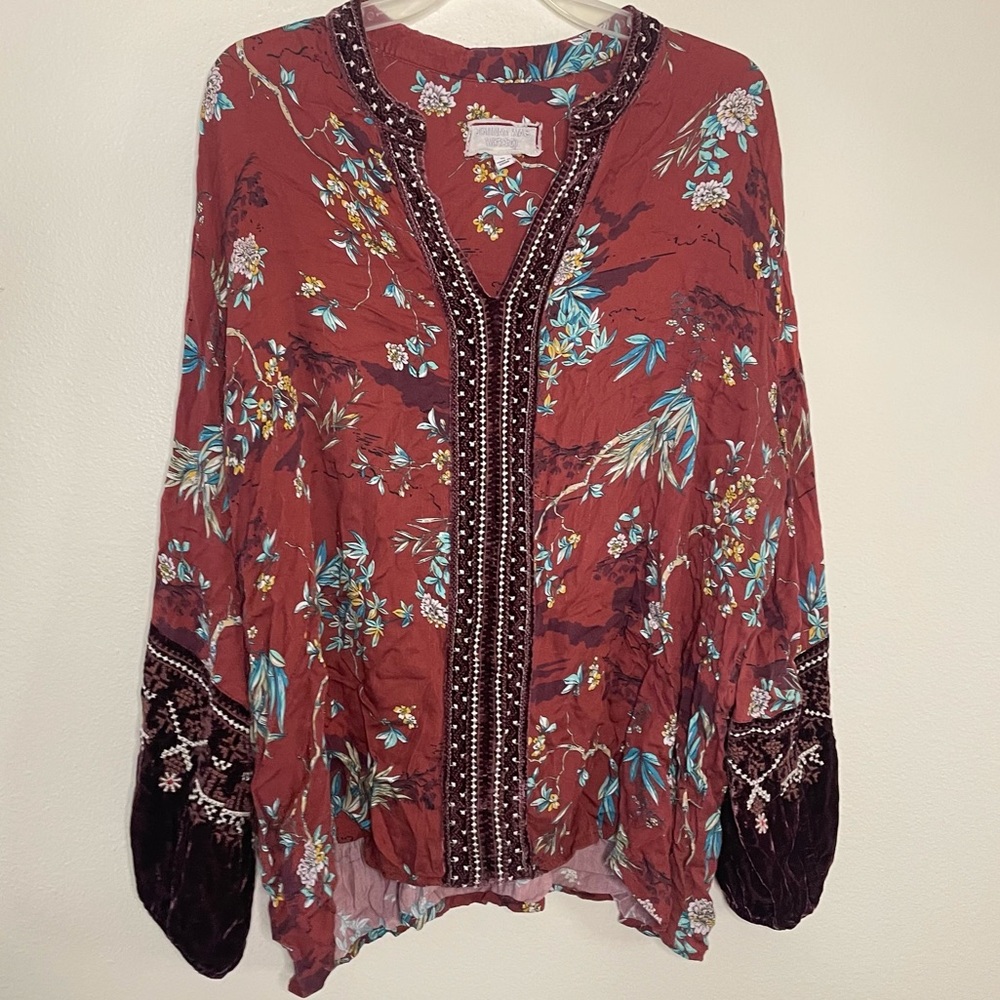 Johnny Wash Workshop XLARGE Floral Pattered Velvet Trim Blouse Silk Blend FLAWS